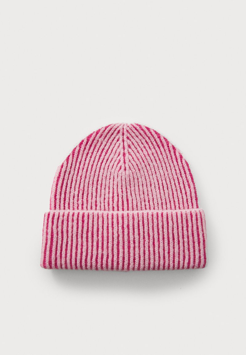 Striped beanie hat in pink and white resting flat, showcasing the texture and folded cuff design against a plain background.