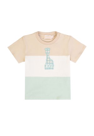 Children’s short-sleeve t-shirt with beige, white, and light green color blocks and a blue gingham giraffe applique on front center.