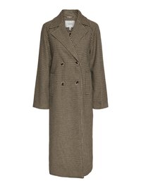 Cappotto lungo a motivo houndstooth marrone, con design doppiopetto, ampie alette e due bottoni frontali. Realizzato in tessuto testurizzato.