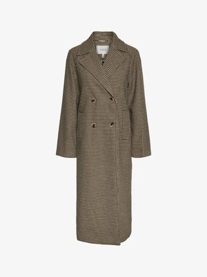 Brun houndstooth-mønstrete lang frakk med dobbeltbrystet design, store slag og to frontknapper. Laget av teksturert stoff.