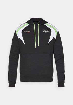 Black hoodie with white and lime green accents, featuring a front pocket, drawstrings, and logos on the chest and sleeve. Soft fabric.