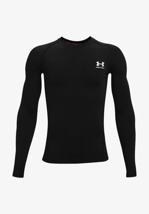 Black long-sleeve athletic shirt made from stretchable fabric, featuring a round neckline and a small white logo on the left chest.