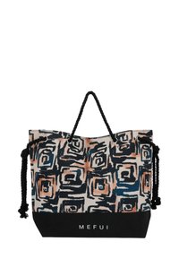 Borsa in tela con motivi astratti multicolore, manici in corda nera e una base nera uniforme con il nome del marchio "MEFUI."