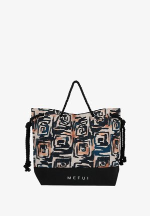 Borsa in tela con motivi astratti multicolore, manici in corda nera e una base nera uniforme con il nome del marchio "MEFUI."