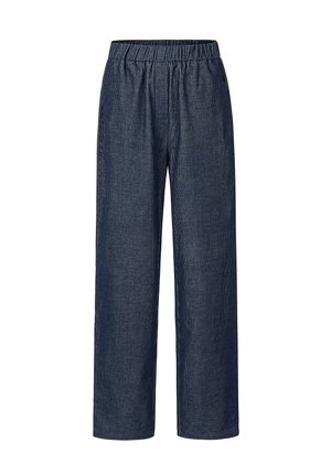 Weite Hosen aus dunkelblauem Denim mit strukturierter Oberfläche und elastischem Bund. Verfügt über seitliche Taschen für zusätzlichen Komfort.