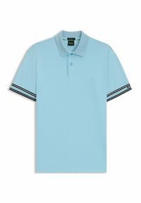 Helles blaues Poloshirt mit Kragen, drei Knöpfen und gestreiften Akzenten in Schwarz und Weiß an den Ärmeln. Aus glattem Stoff gefertigt.