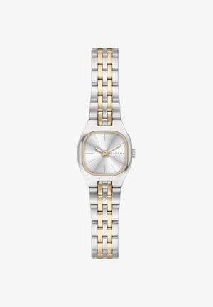 Silber- und goldfarbene Metallarmbanduhr mit ovalem Zifferblatt, silbernem Ziffernblatt und bicolor Armband mit glattem Gliederdesign und minimalistischen Details.