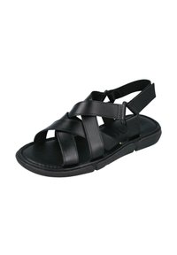 Sandalias de cuero negro con tiras entrecruzadas, diseño de punta abierta, correa trasera ajustable y suela de goma texturizada para agarre y comodidad.