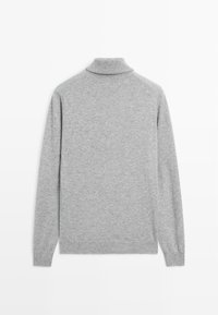 Gray turtleneck sweater made of soft knit material. Features long sleeves, ribbed collar, and cuffs for a fitted look. Plain design.
