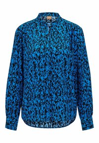 Långärmad blus med blå och svart abstrakt geometrisk tryck, hög krage, knäppta ärmslut och rundad nederkant.