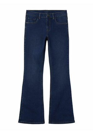 Dark blue flared jeans made of denim. Features five pockets, belt loops, and yellow stitching along the seams. Classic style.