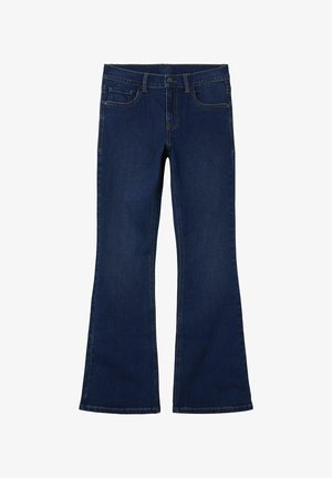 Tmavě modré rozšířené džíny z denimu. Mají pět kapes, poutka na pásek a žluté švy podél švů. Klasický styl.