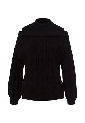 Zwarte gebreide trui met een hoge, off-shoulder halslijn, met een diamantpatroon en lange, pofmouwen.