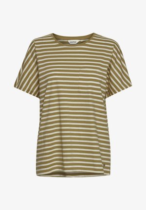 Tricou cu dungi oliv și crem, cu mâneci scurte, gât rotund și un buzunar pe piept. Fabricat din bumbac, cu o textură netedă și croi lejer.