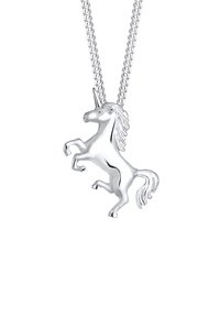 Zilveren eenhoorn hanger ketting heeft een gepolijst ontwerp met ingewikkelde details, waaronder een verhoogde manen en staande houding, op een ketting.