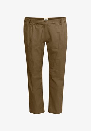 Brown, slightly textured cotton pants with an elastic waistband, button closure, and side pocket detailing. Casual straight-leg design.