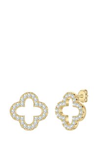 Auksiniai smeigtukai auskarai keturlapių dobilų formos, apjuosti mažais apvaliais baltais brangakmeniais, su drugelio tipo užsegimais.