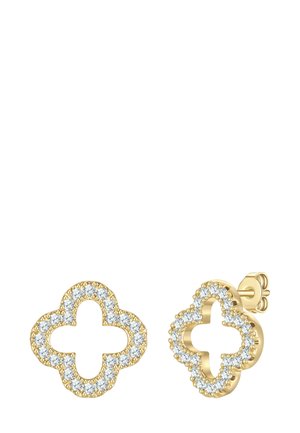 Goldene Ohrstecker in Form von vierblättrigen Kleeblättern, umrandet mit kleinen runden weißen Edelsteinen, mit Flügelschrauben.