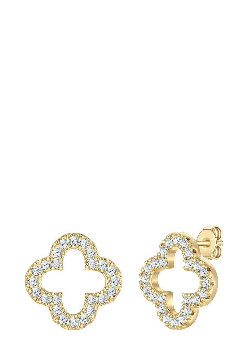 Auksiniai smeigtukai auskarai keturlapių dobilų formos, apjuosti mažais apvaliais baltais brangakmeniais, su drugelio tipo užsegimais.