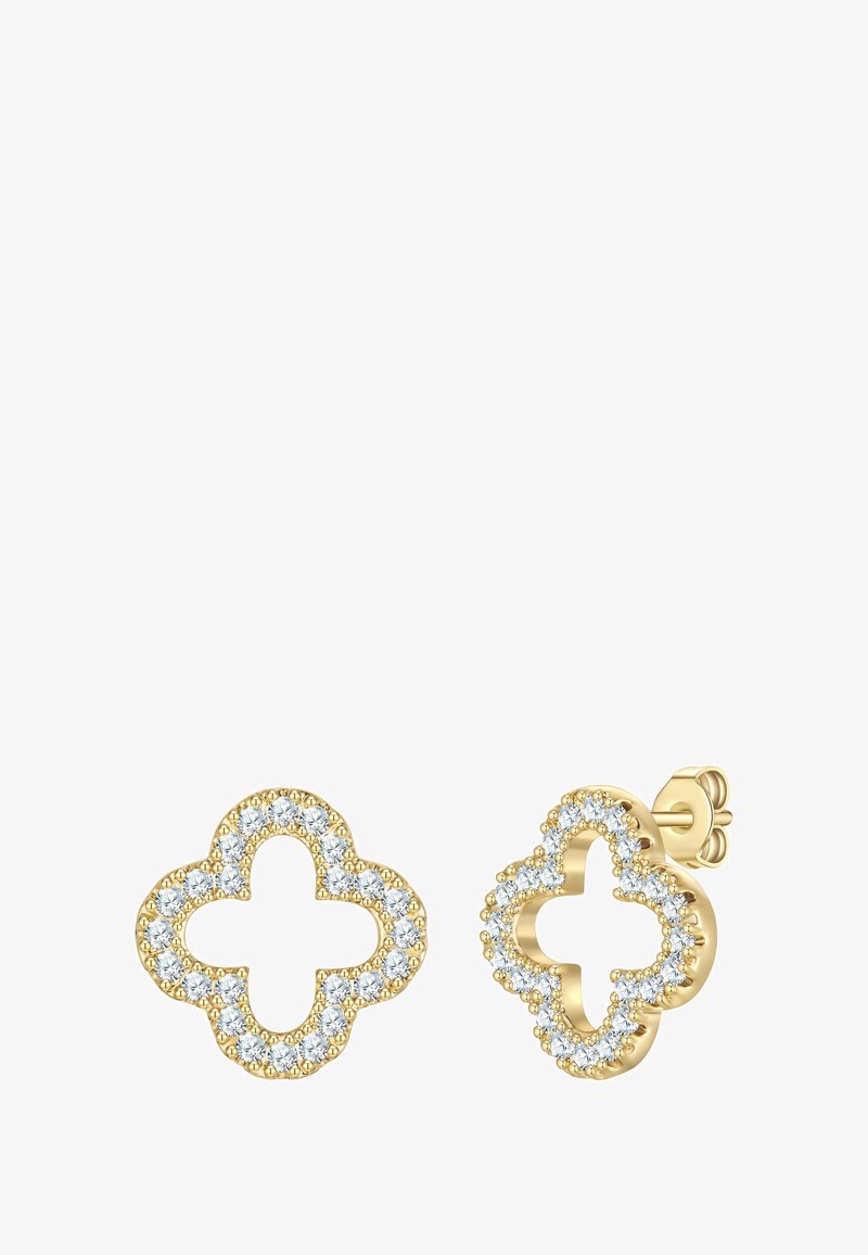 Auksiniai smeigtukai auskarai keturlapių dobilų formos, apjuosti mažais apvaliais baltais brangakmeniais, su drugelio tipo užsegimais.