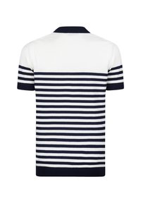 Polo shirt met korte mouwen, featuring een witte bovenkant en marineblauwe horizontale strepen. Ribgebreide kraag en mouwmanchetten, gladde textuur.