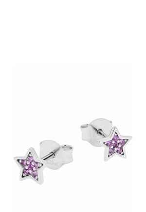 Orecchini a bottone a forma di stella in argento con piccole pietre preziose viola incastonate all’interno di ogni stella.