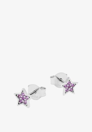 Orecchini a bottone a forma di stella in argento con piccole pietre preziose viola incastonate all’interno di ogni stella.