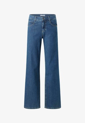 Niebieskie dżinsowe spodnie typu wide-leg z pionowymi paskami, wyposażone w pięć kieszeni, z zapięciem na guzik i kontrastowym szwem.