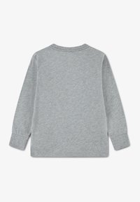 Camiseta gris de manga larga con cuello redondo, hecha de tela suave. Presenta puños y dobladillo cosidos, con una textura lisa y uniforme.