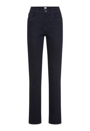 Dunkelblaue gerade Jeans aus Denim-Stoff. Zu den Merkmalen gehören ein klassisches Fünf-Taschen-Design und ein Knopfverschluss an der Taille.