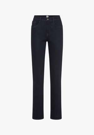 Dunkelblaue gerade Jeans aus Denim-Stoff. Zu den Merkmalen gehören ein klassisches Fünf-Taschen-Design und ein Knopfverschluss an der Taille.