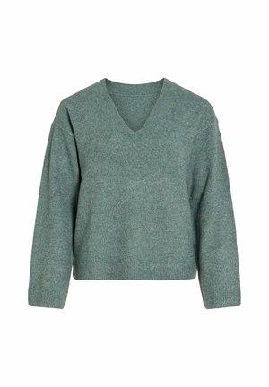 VILA, VILIGA L/S REV V-NECK KNIT TOP - NOOS - Striktrøje - balsam green