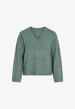 VILA, VILIGA L/S REV V-NECK KNIT TOP - NOOS - Striktrøje - balsam green