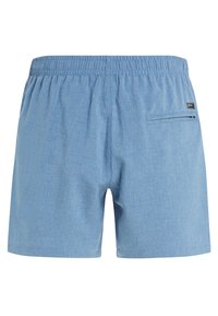Hellblaue Herren-Badeshorts mit elastischem Bund und Reißverschlusstasche hinten auf der rechten Seite.