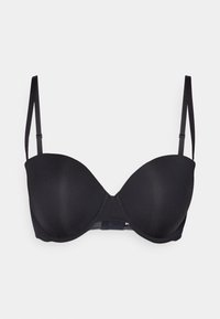 Sujetador acolchado negro con tirantes ajustables, textura suave y soporte con aros. Diseño simple sin adornos ni patrones.