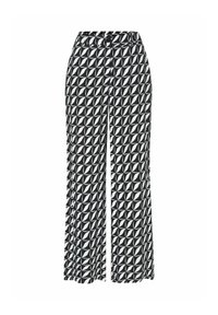 Pantalons à motif noir et blanc avec un design géométrique, dotés d'une coupe décontractée et d'une taille avec fermeture à bouton.