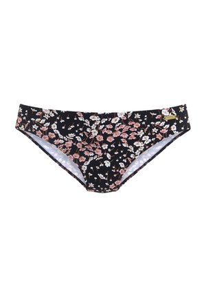Floraler Bikinihosen-Slip mit schwarzem Hintergrund, versehen mit rosa und weißen Blumen. Hergestellt aus dehnbarem Stoff mit glatter Textur und minimalen Nähten.