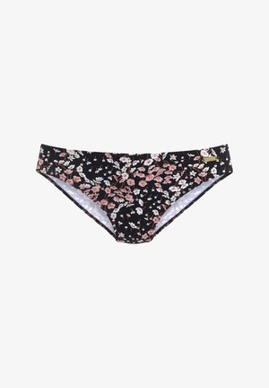Floraler Bikinihosen-Slip mit schwarzem Hintergrund, versehen mit rosa und weißen Blumen. Hergestellt aus dehnbarem Stoff mit glatter Textur und minimalen Nähten.