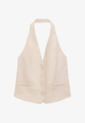 Linen vest in light beige with a V-neck, sleeveless design, five-button closure, and two front pockets. Smooth texture, minimalistic style.