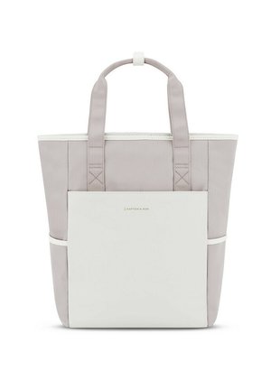 Borsa a tracolla con un corpo in tessuto grigio chiaro, dettagli bianchi, due manici robusti e una tasca frontale; design minimalista con linee pulite.