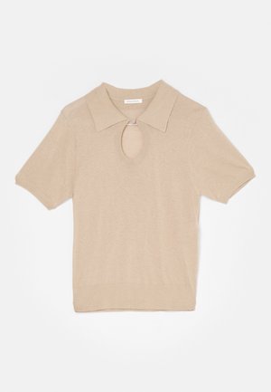 Beige knitted sweater with short sleeves, a collar, and an oval cutout at the neckline. Soft texture and ribbed hem at the waist.