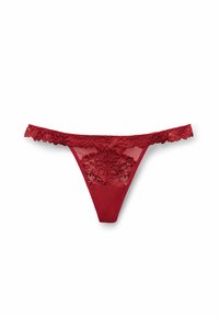 Rode kanten string met een bloemenpatroon en doorschijnende panelen, met een golvende rand en een achterzijde van stevig materiaal voor extra bedekking.