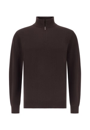 Dunkelbrauner Pullover mit hohem Kragen und Viertelreißverschluss. Hergestellt aus weichem Material, mit langen Ärmeln und gerippten Bündchen.