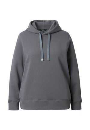 Grå pullover hoodie lavet af blødt stof, med snoretræk i hætten, ribbede manchetter og kant. Minimalistisk design uden mønstre.