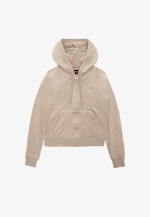 Felpa beige con zip, tasca frontale, cappuccio con lacci e polsini a coste. Tessuto morbido con una leggera lucentezza e logo ricamato sul petto.