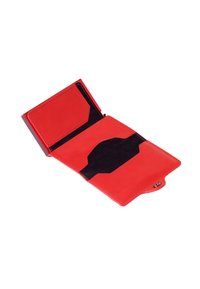 Red leather wallet with black interior. Features a card slot and a section for additional items. Smooth texture, minimalistic design.