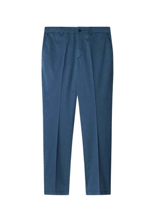 Pantaloni dritti blu navy realizzati in tessuto liscio, dotati di chiusura a bottone, due tasche frontali e senza motivi o decorazioni visibili.