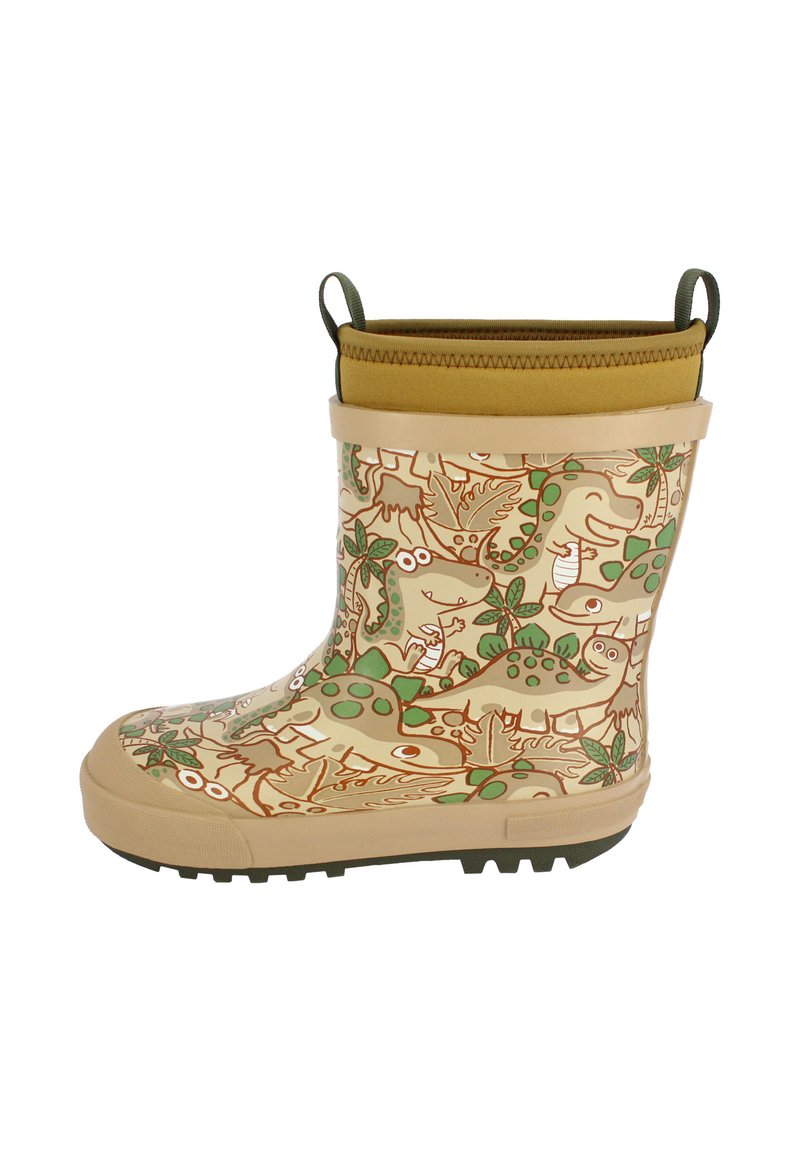 Botte de pluie en caoutchouc beige avec un motif de dinosaure et de feuillage. Dispose d'une semelle texturée et d'accents vert olive en haut pour plus de stabilité.