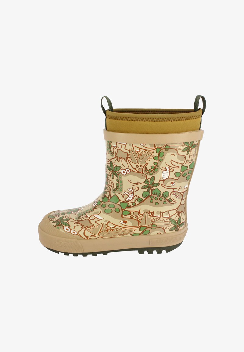 Botte de pluie en caoutchouc beige avec un motif de dinosaure et de feuillage. Dispose d'une semelle texturée et d'accents vert olive en haut pour plus de stabilité.