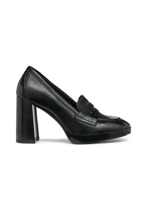 Black leather high-heeled loafer with rounded toe, stacked block heel, and penny strap detail on white background.